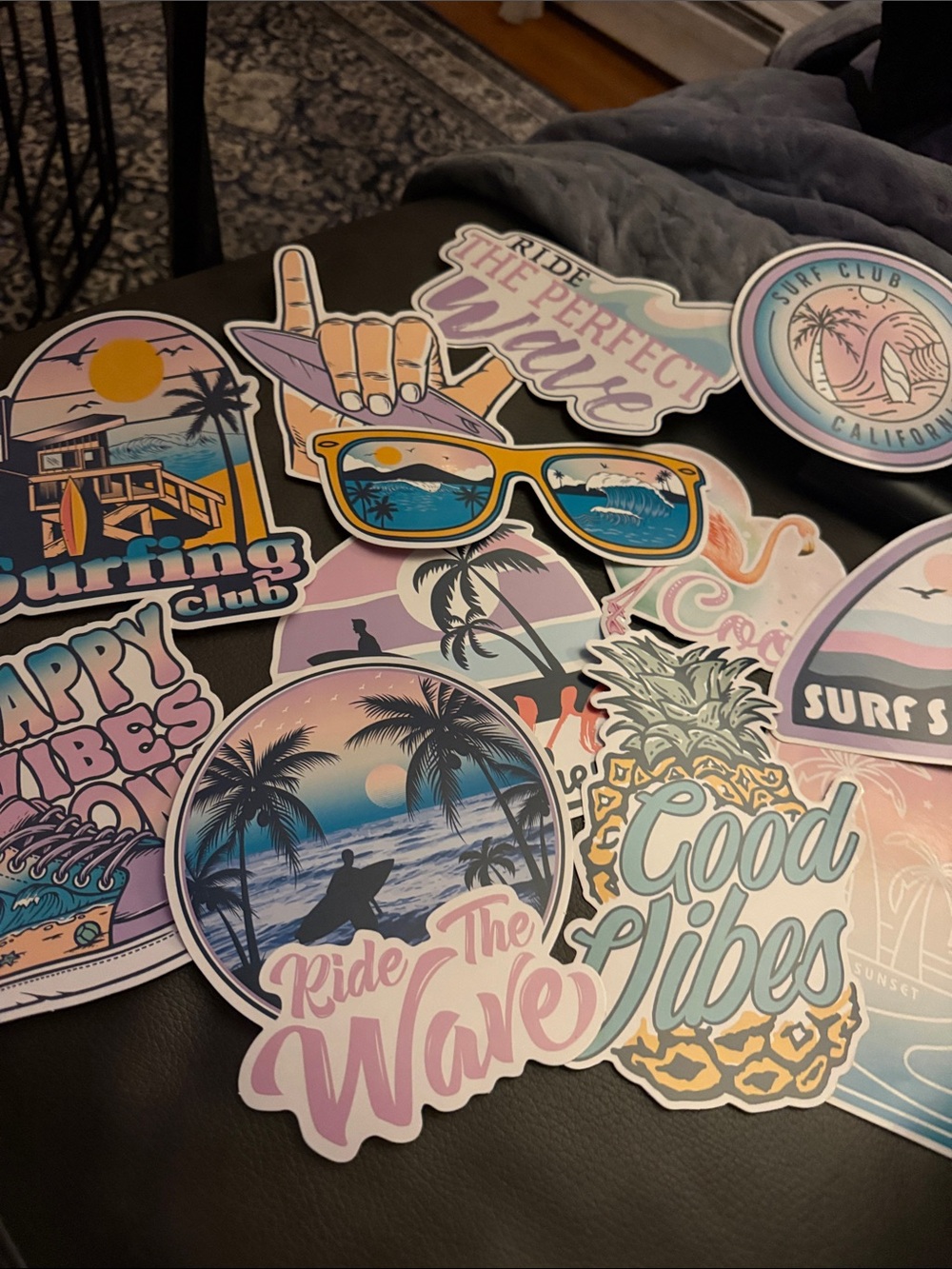 Pastel Surf Sticker Set x 12 Good Vibes & Ride the Wave (Pink, Purple, Blue).